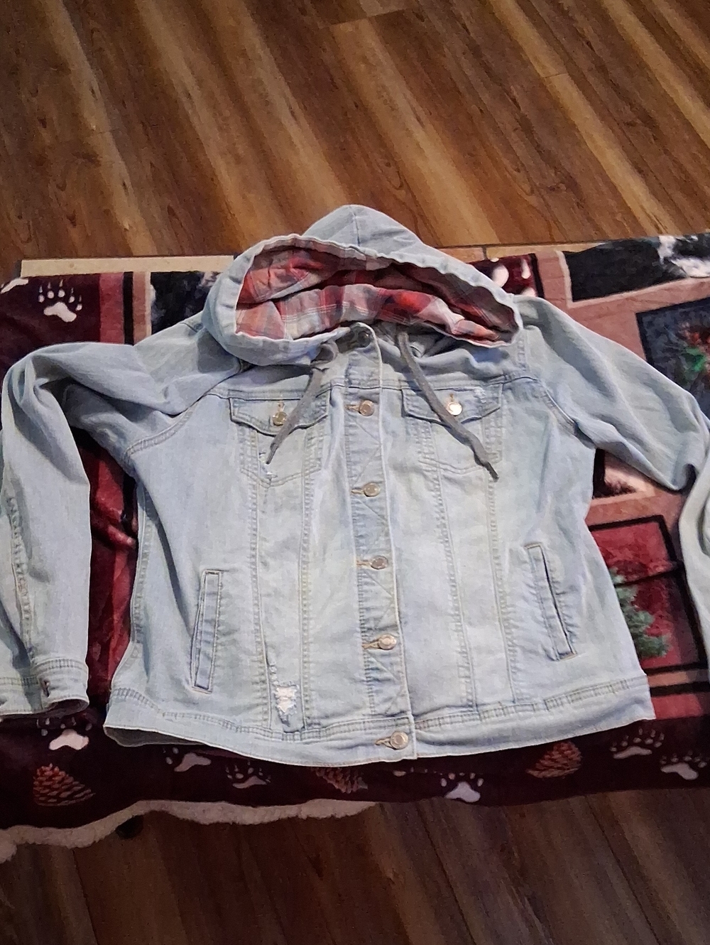 Maurices Light Blue Denim Hooded Jacket with Plaid Lining